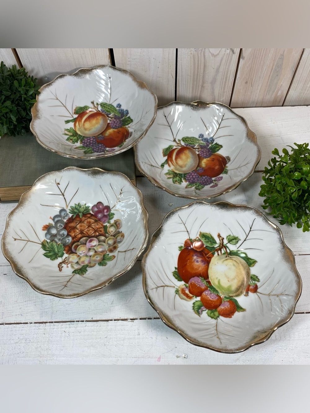 Vintage Porcelain Gold Edge Fruit Design Bowls